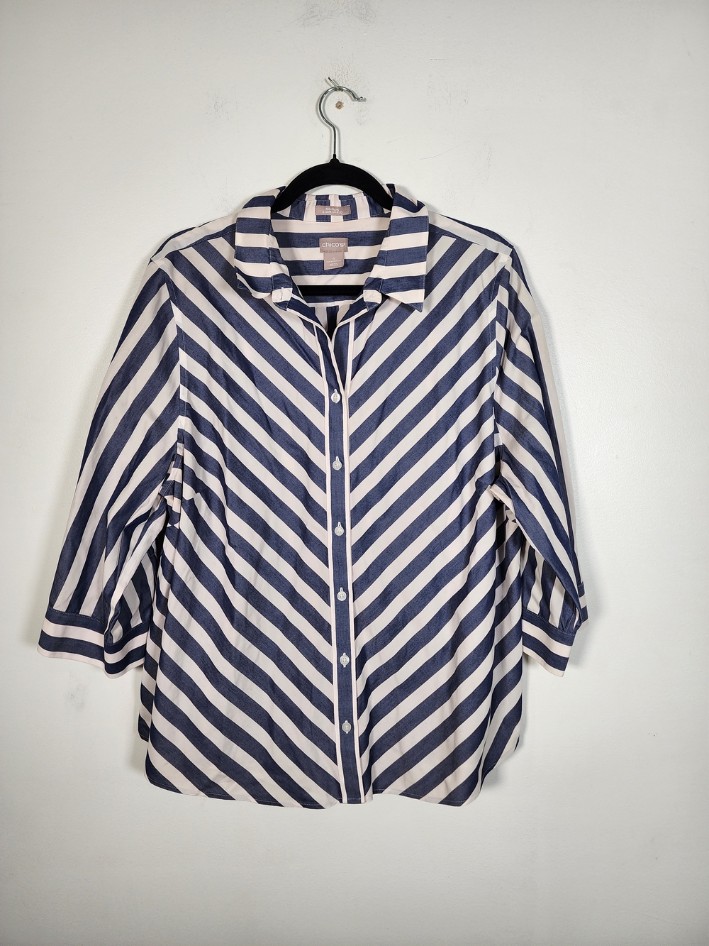Chico's Navy and White Striped Button-Down Shirt